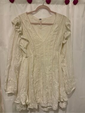 Free People Cream Embroidered V-Neck Ruffle Dress